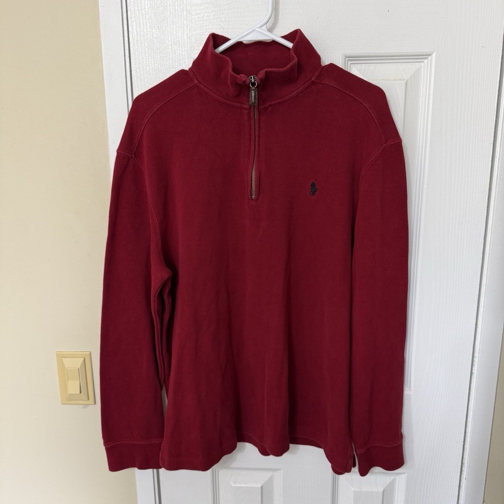 Vintage 90's Red Cotton Polo Ralph Lauren Men's L Pullover Quarter Zip Sweater